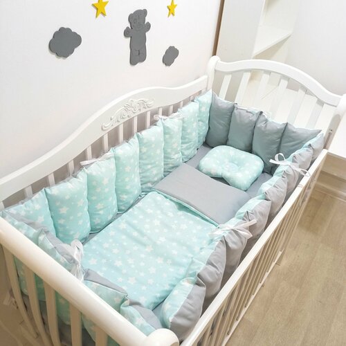 фото Комплект бортиков в кроватку из 7 предметов для новорожденных и малышей mamdis бирюзовый mam.dis