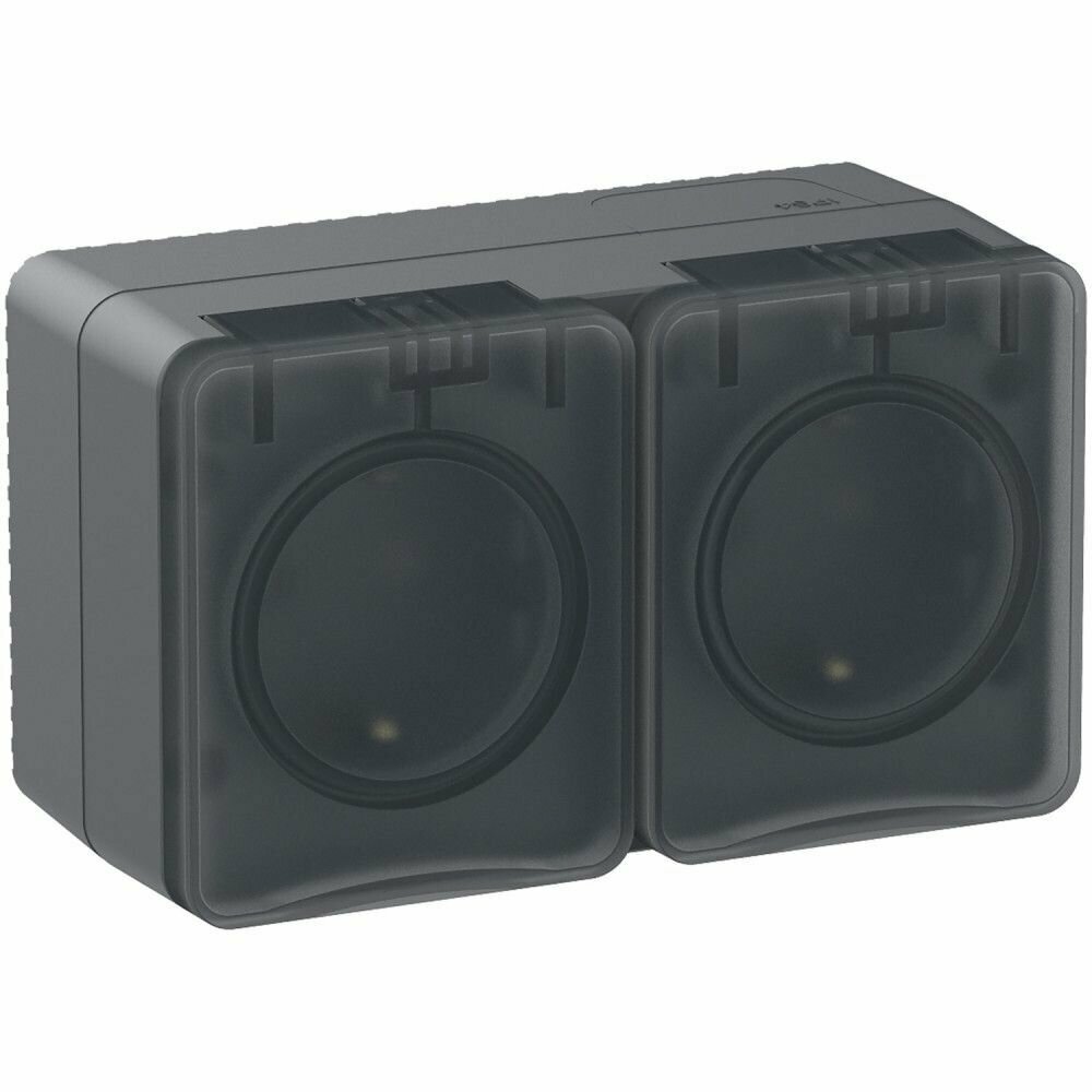 фото Розетка двойная пылевлагозащищенная, с заземлением, со шторками Schneider electric, AtlasDesign Profi54, IP54, 16А, 250B, антрацит