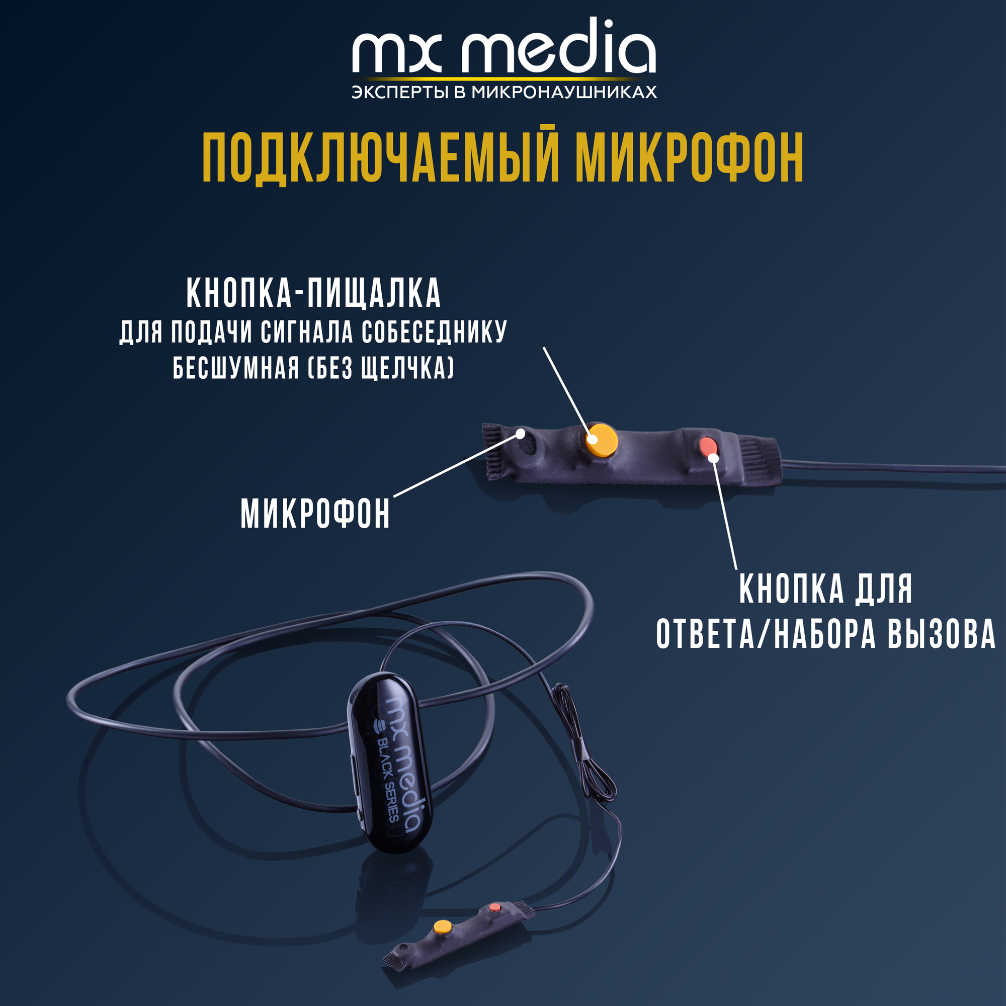 Микронаушник Mxmedia Black Magnet MAX магнитный с 2 микрофонами (встроенный и подключаемый с кнопкой-пищалкой) — фото 1