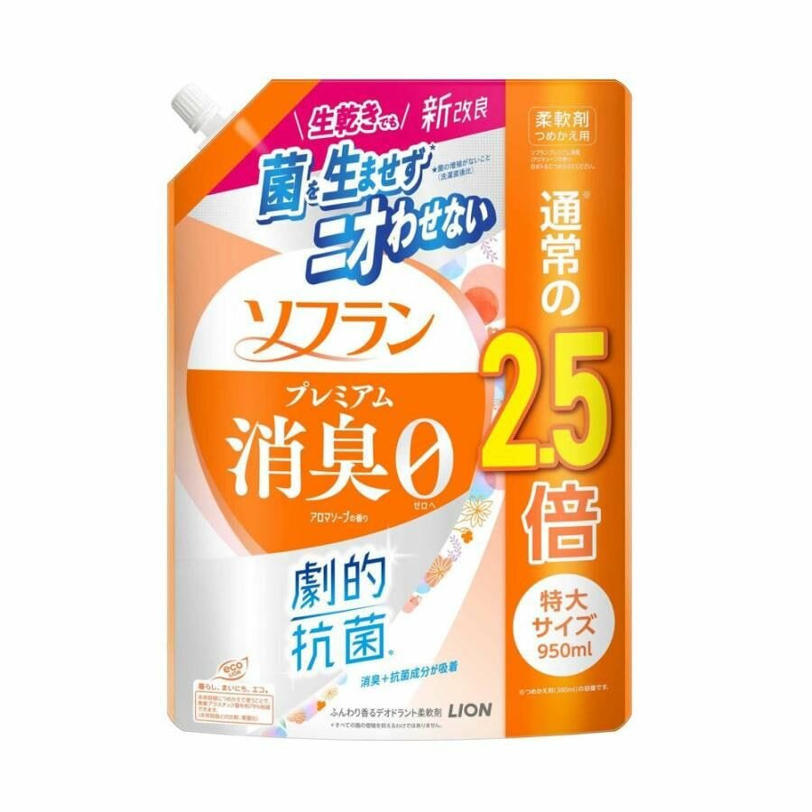 Кондиционер для белья LION Soflan Premium Aroma Soap, с ароматом душистого мыла, мягкая упаковка с колпачком, 950 мл.