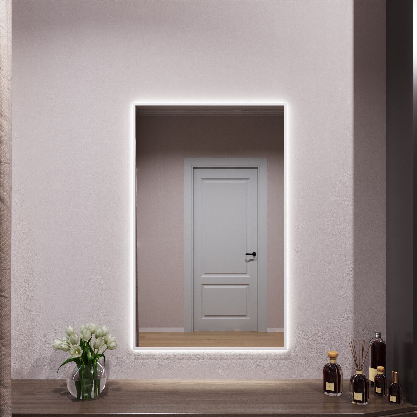 Зеркало с подсветкой в алюминиевой раме настенное Market-house 110х70 см. Свет: Нейтральный Белый 6000К. Белое