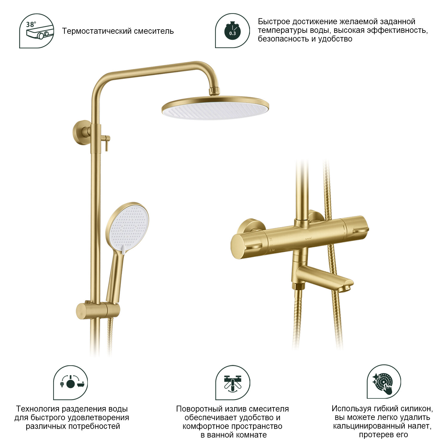 Душевая стойка с термостатом для ванны Splenka S223.26.03, латунь, сатин золотой — фото 1