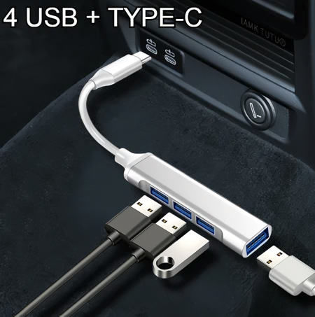 HUB Type-C переходник ХАБ OTG 4 разъема USB, белый/серебристый
