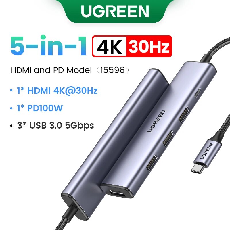 USB-концентратор UGREEN, 5/6/7/9/10 разъемов, HDMI/VGA/RJ45/PD/SD/TF/USB3.0, модели в ассортименте, 5-in-1 HDMI USB3.0