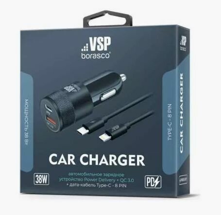Автомобильное зарядное устройство Power Delivery + QC 3.0, 38W+ дата-кабель Type-C - 8 pin, черное