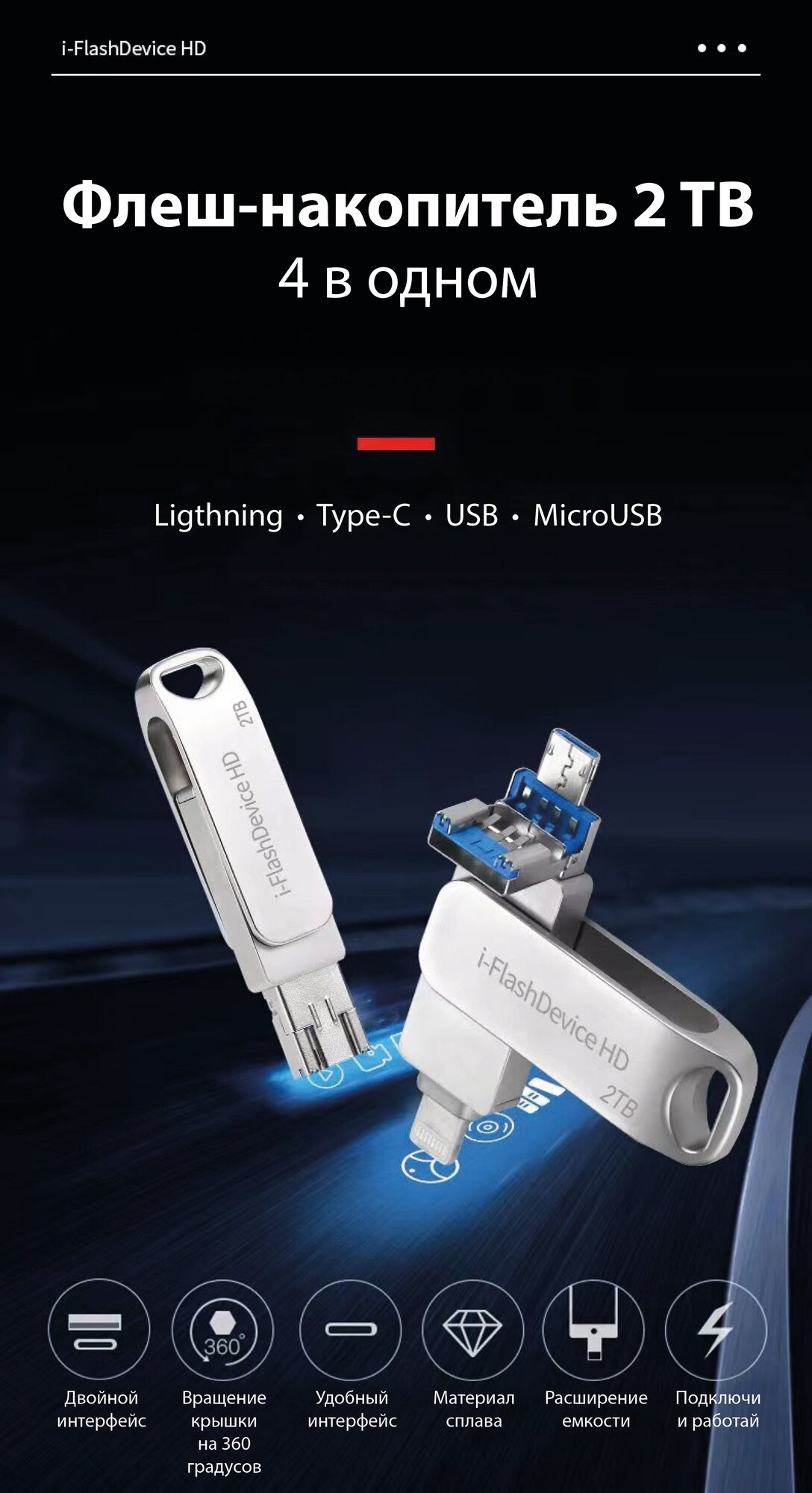 USB Переходник, Флеш-накопитель 2 TB, i-Flash Device 4 в 1, флешка для телефона. Разъемы: Lightning, Type-C, Micro USB и USB. — фото 1