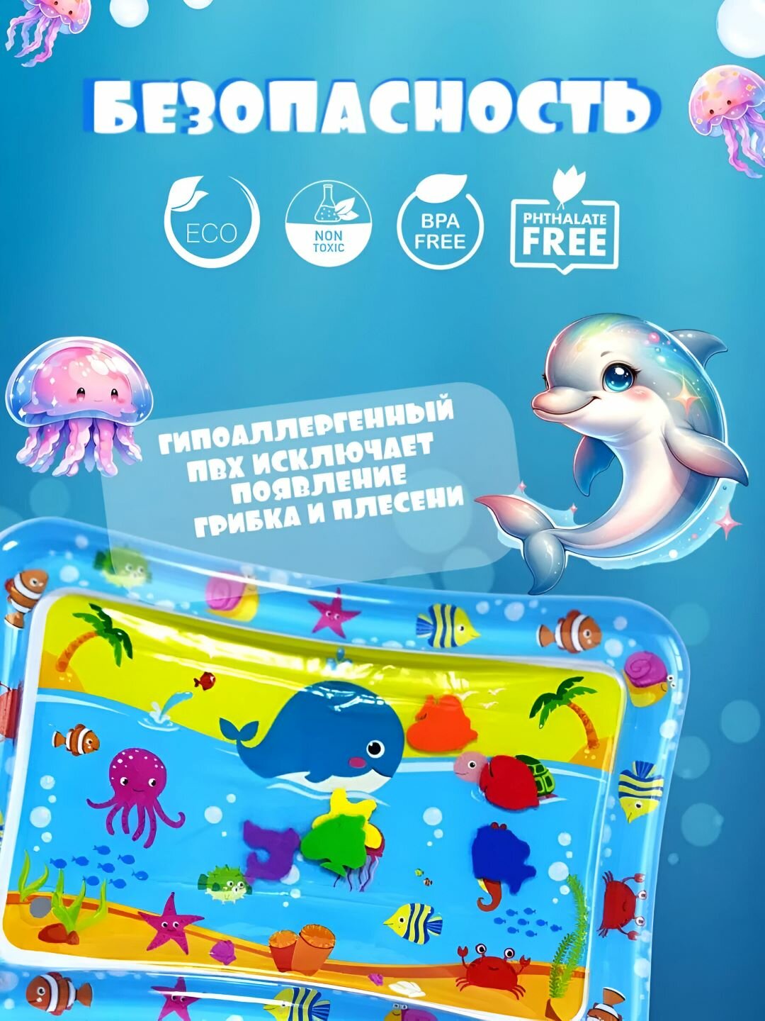 Аква-коврик детский, водный коврик, развивающий коврик для детей, надувной коврик — фото 1