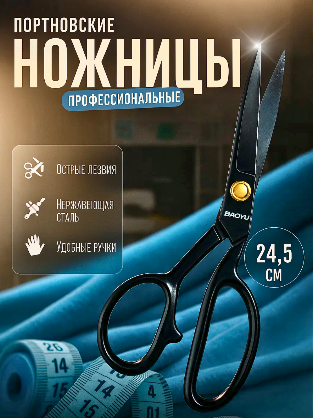 Ножницы для ткани BAOYU — портновские, стальные, профессиональные размер "№11"