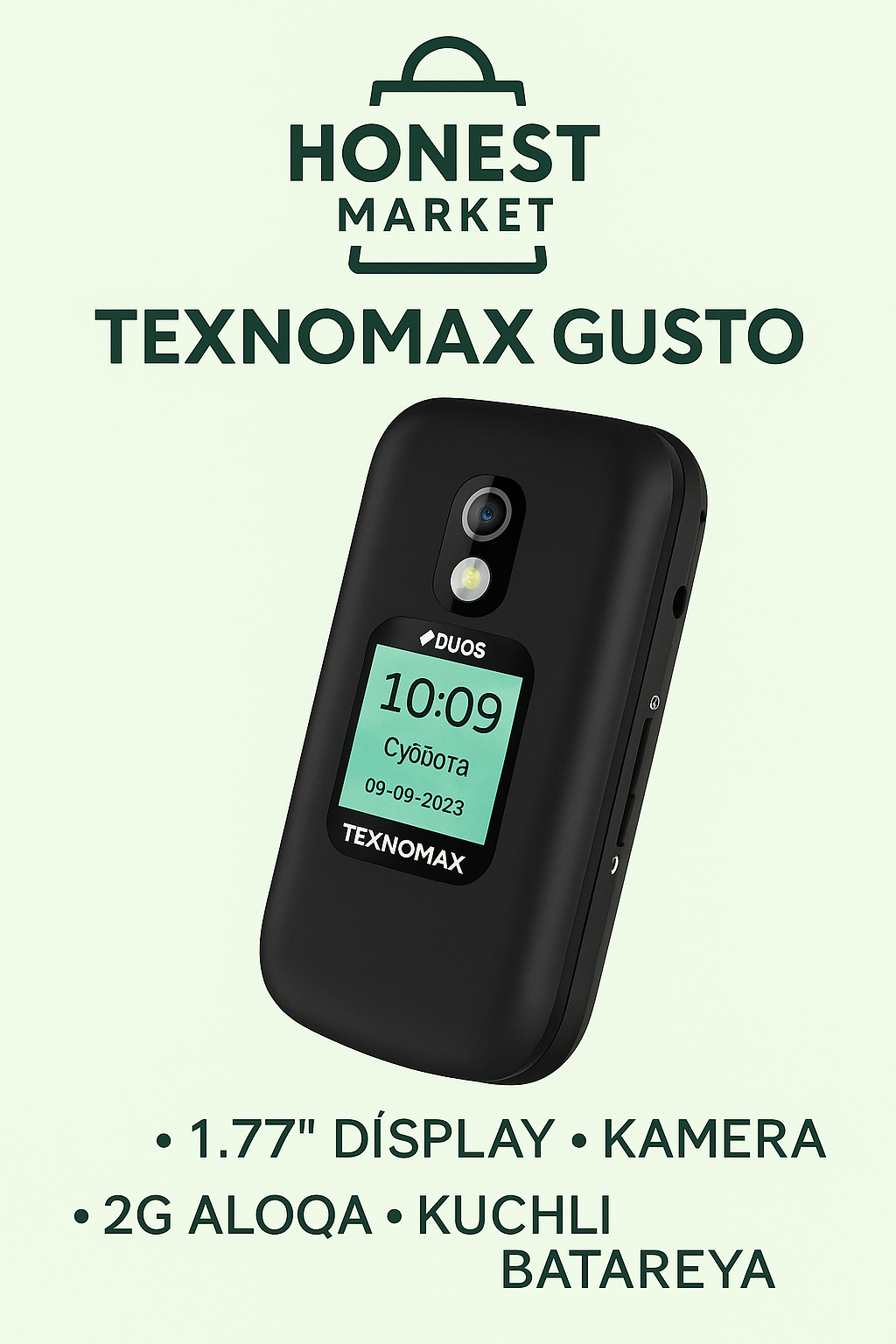 TEXNO MAX Gusto — раскладной телефон с камерой (две SIM-карты, USB-C) черный