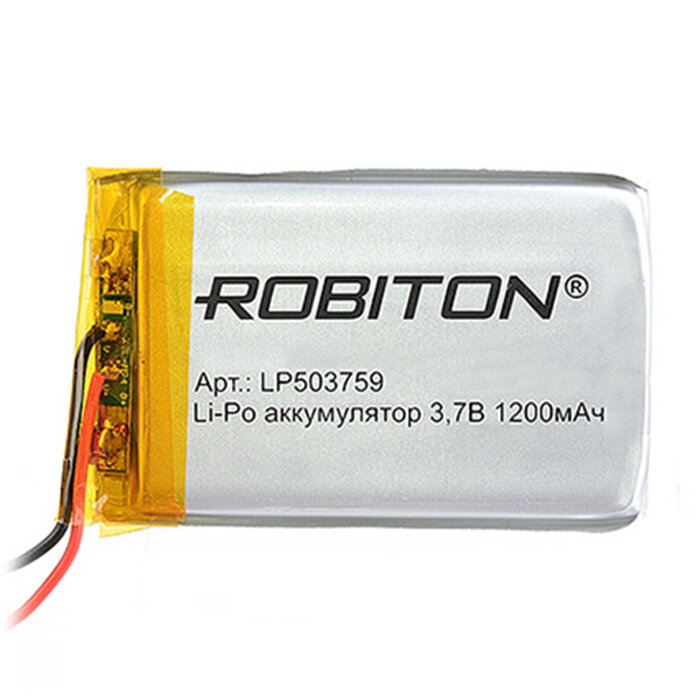 Аккумулятор Li-Pol Robiton LP503759 литий-полимерный 3.7 В плоский 1200 мАч размер 5х37х59 мм с защитной платой