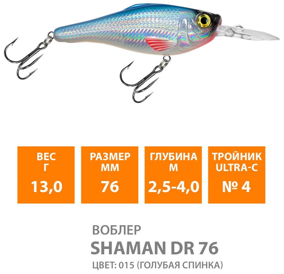 Воблер для рыбалки плавающий AQUA Shaman DR 76mm 13g заглубление от 2,5 до 4m цвет 015