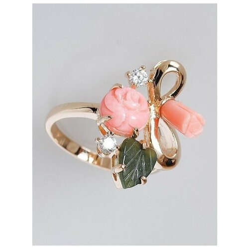 Кольцо помолвочное Lotus Jewelry, коралл, нефрит, размер 16, зеленый, розовый