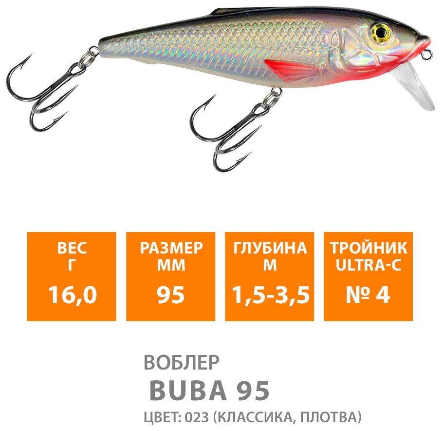 Воблер для рыбалки плавающий AQUA Buba 95mm 16g заглубление от 1.5 до 3,5m цвет 023