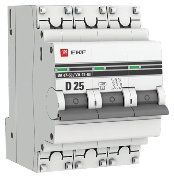 Автоматический выключатель Ekf 3п D 25А 4.5кА ВА 47-63 PROxima, mcb4763-3-25D-pro