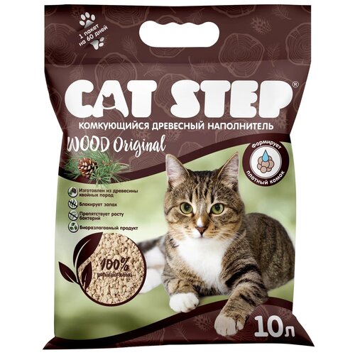 Наполнитель для кошачьих туалетов CAT STEP комкующийся растительный Wood Original, 10 л