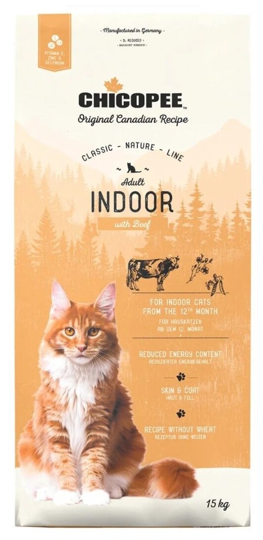 CHICOPEE CLASSIC NATURE LINE CAT ADULT INDOOR для взрослых кошек живущих дома с говядиной (15 кг)