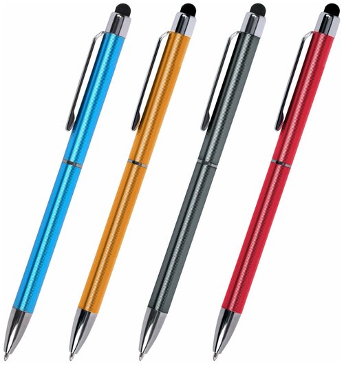 Ручка-стилус SONNEN для смартфонов/планшетов, синяя, корпус ассорти, серебристые детали, линия письма 1 мм, 141587