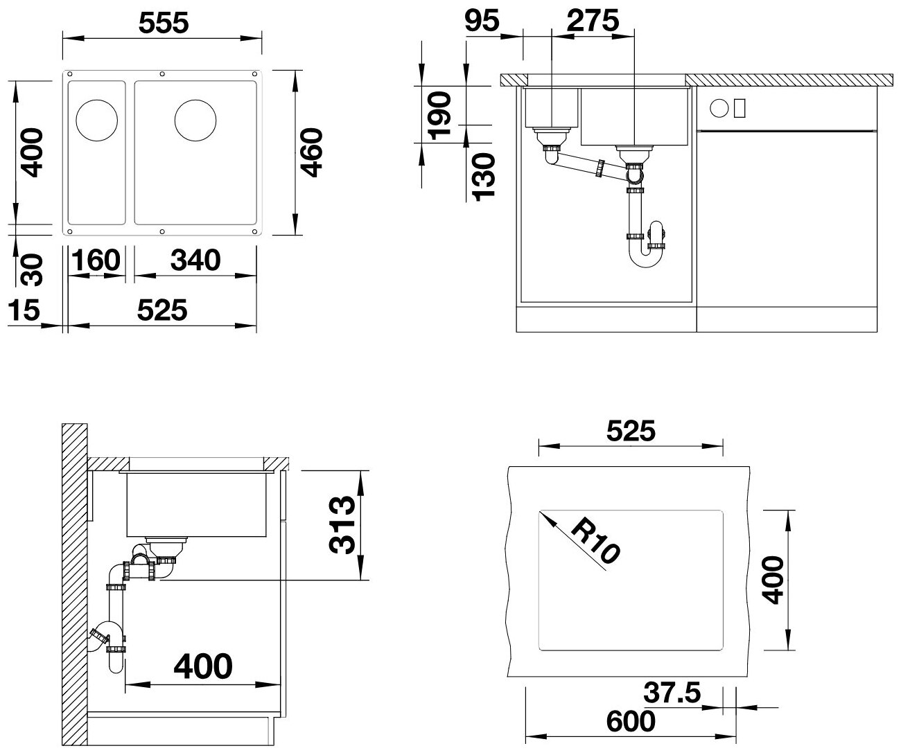 Мойка BLANCO SUBLINE 340 160 U SILGRANIT антрацит, чаша справа, с отводной арматурой InFino 523558