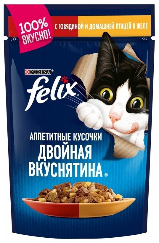 Влажный корм для кошек Felix аппетитные кусочки, двойная вкуснятина, с говядиной и домашней птицей 85 г (кусочки в желе) - фотография № 10