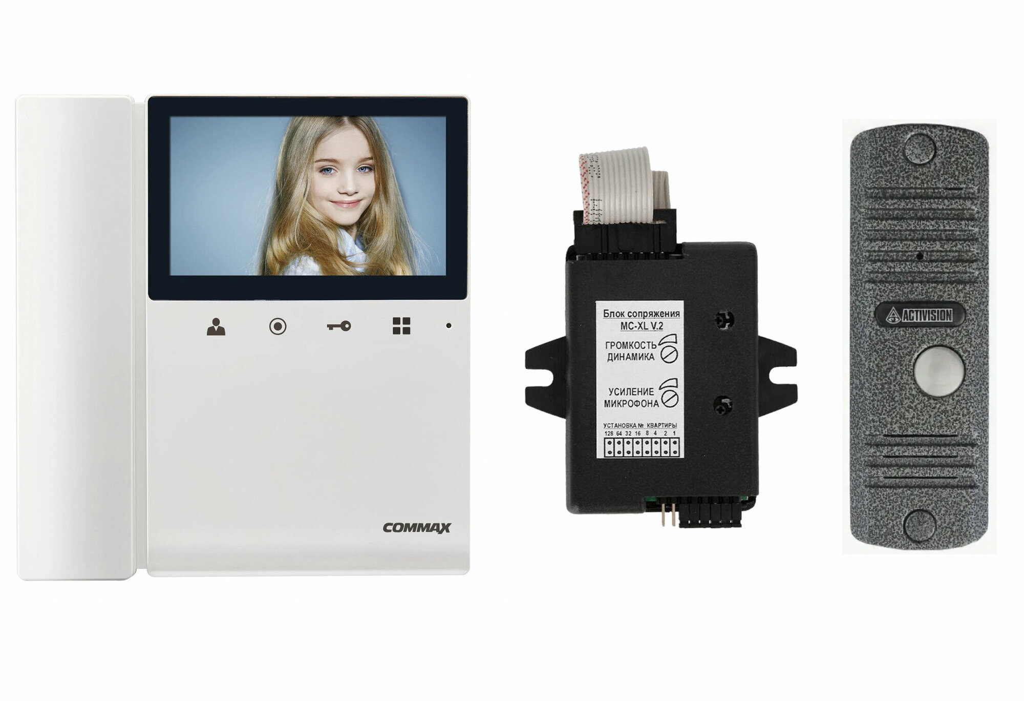Комплект видеодомофона и вызывной панели COMMAX CDV-43K2 (Белый) / AVC 305 (Серебро) + Модуль XL Для цифрового подъездного домофона