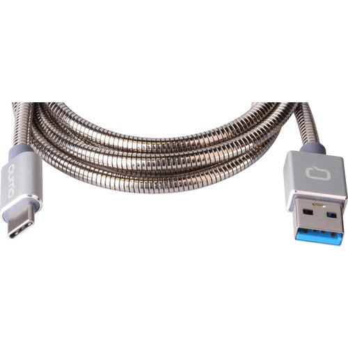 Зарядный кабель Qumo USB 3.0-Type C 1м, 5/9/12В, 3A 15Вт оплетка металлическая пружинка, коннектор металл, серебро