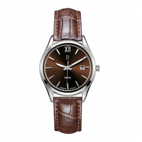 Наручные часы УЧЗ, серебряный, коричневый часы наручные женские кварцевые со стальным браслетом с календарем