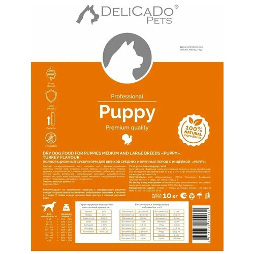 DELICADO DOG PUPPY Корм для щенков с индейкой, 10кг