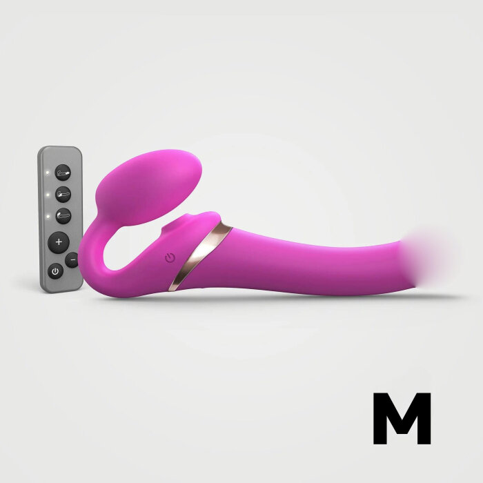 Безремневой вибрострапон M "Multi Orgasm" с пультом ДУ strap-on-me MULTI ORGASM BENDABLE STRAP-ON - M - FUCHSIA