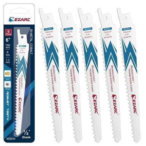 Кобальтовые полотна по древесине с гвоздями, металлу и дереву 6TPI 150мм EZARC для сабельной пилы 5шт