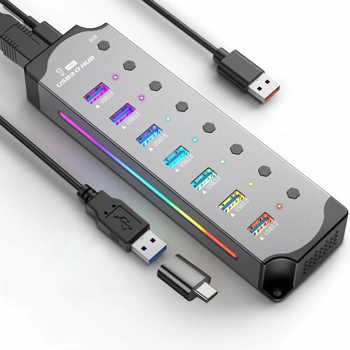 USB 3.0 концентратор 7-портовый RGB алюминиевый, 7-in-1