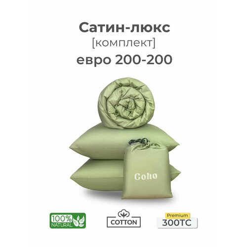 Комплект постельного белья, евро, 50x70, на резинке, сатин люкс, светло-зеленый/зеленый, Coho Home