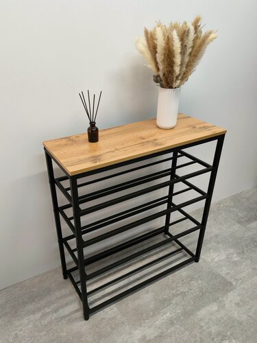 Изображение товара Обувница для прихожей "Мэйли" 4 полки / 51х30х82см / черный каркас - ЛДСП дуб вотан