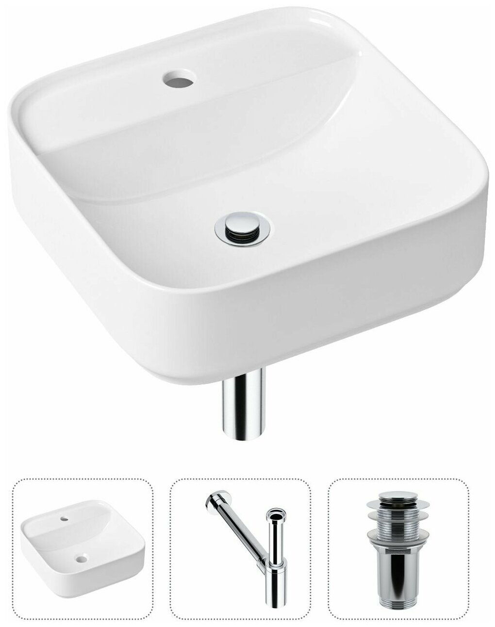 Комплект 3 в 1 Lavinia Boho Bathroom Sink 21520275: накладная фарфоровая раковина 42 см, металлический сифон, донный клапан