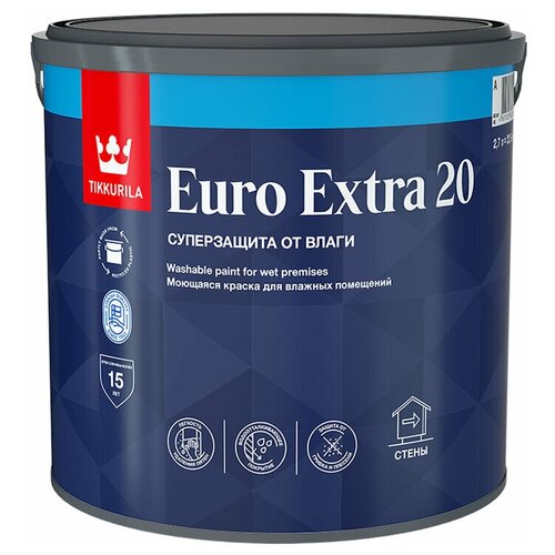 Краска водно-дисперсионная Tikkurila Euro Extra 20 моющаяся белая основа А 2,7 л краска водно дисперсионная tikkurila euro matt 3 моющаяся глубокоматовая бесцветный 9 кг