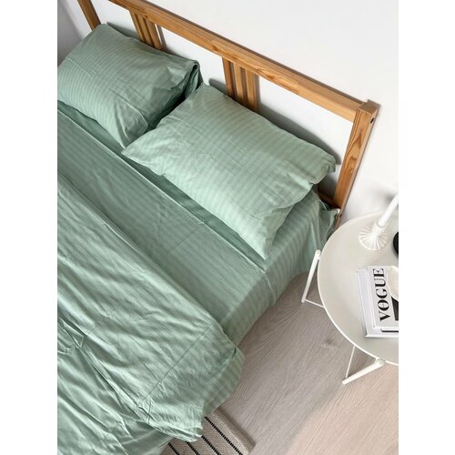 Хлопковое 1,5 спальное постельное в полоску в зелёном цвете из ранфорса Smoke Green