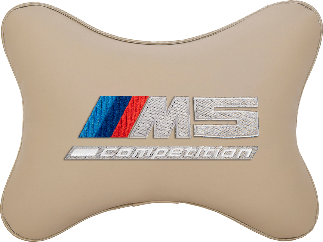 Подушка на подголовник экокожа Beige с логотипом автомобиля BMW M5 COMPETITION