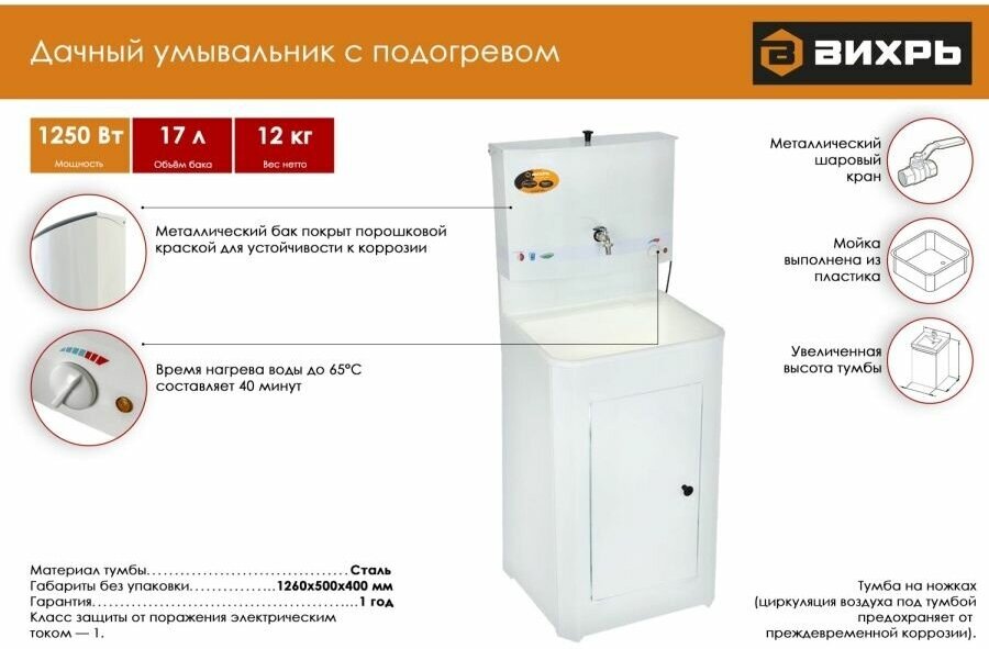 Умывальник дачный Вихрь 1250Вт 17л пластик белый - фото №5