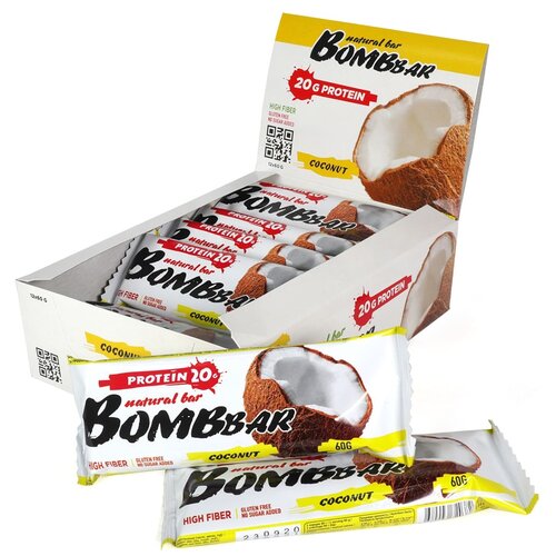 Протеиновый батончик BOMBBAR Natural Bar, 60 г, кокос энергетический батончик bombbar natural bar 60 г миндаль ваниль