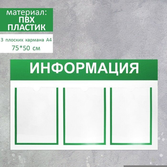 Информационный стенд «Информация» 3 плоских кармана А4, цвет зелёный 75×42