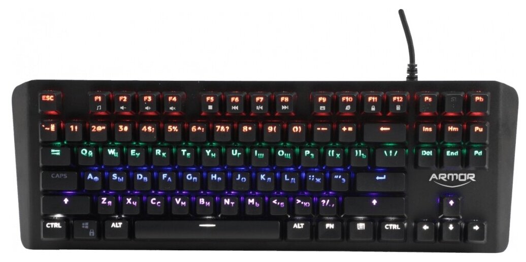 Клавиатура механическая игровая CBR KB 882 Armor, USB, 87 клавиш, свитчи Outemu Blue, Rainbow LED, 60 млн. нажатий, прорезин. ножки, корпус металл, кабель 1,8 м