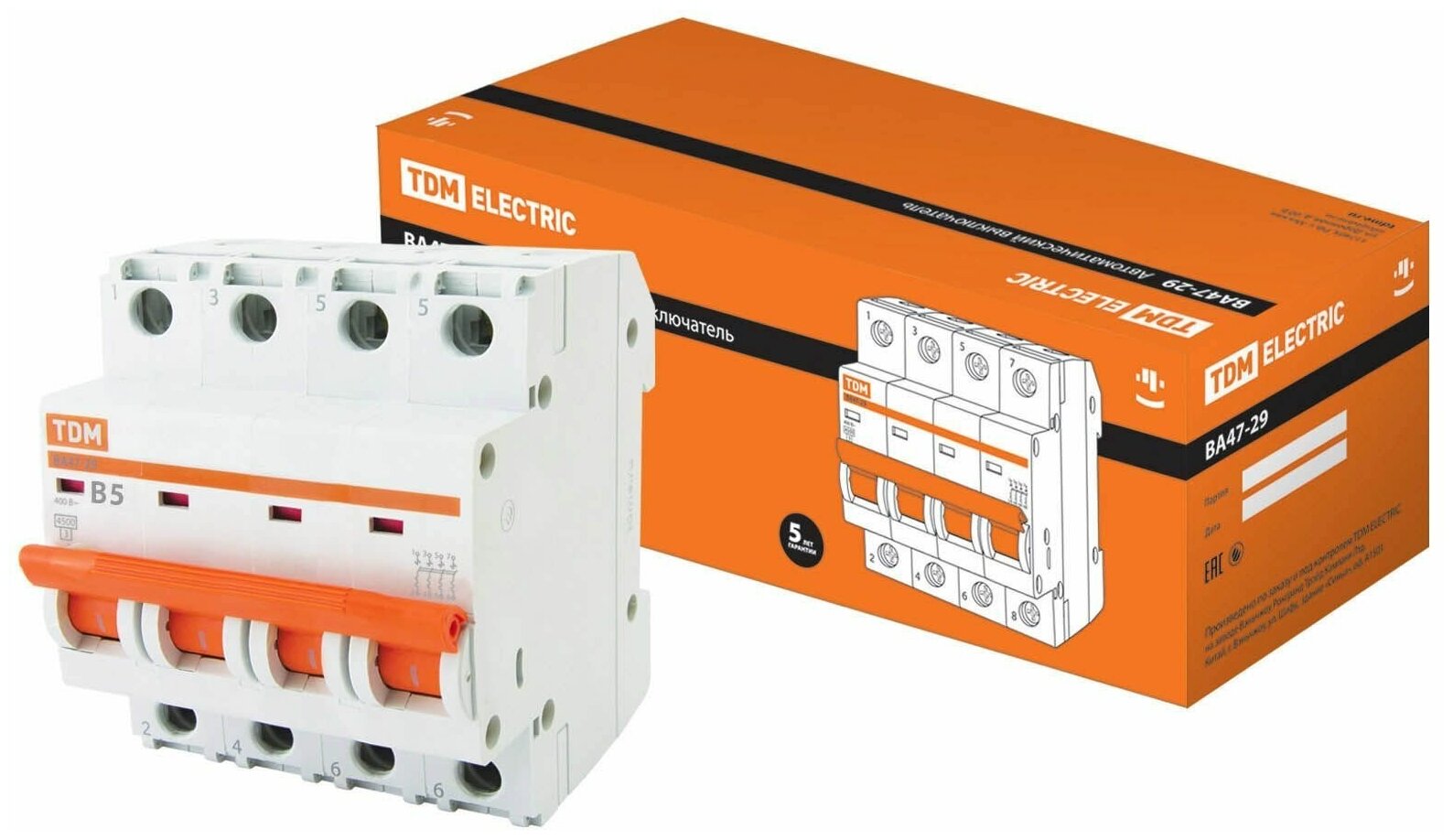Автоматический выключатель ВА47-29 4Р 5А 4,5кА х-ка В TDM (1 шт.)