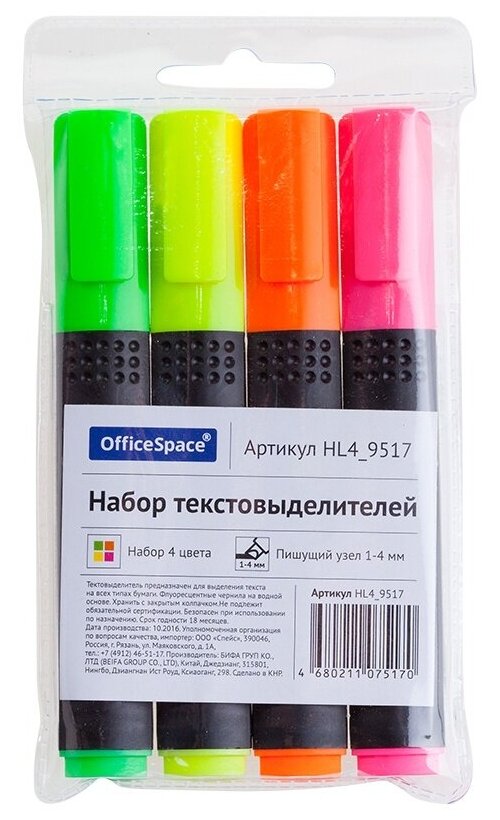 Текстовыделители OfficeSpace 4 цвета, 1-4 мм, чехол с европодвесом (HL4_9517)