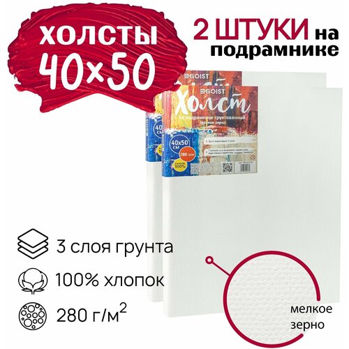 Холст грунтованный на подрамнике 40х50 см, профессиональные, художественные холсты, плотность 280 г/м2, набор 2 штуки