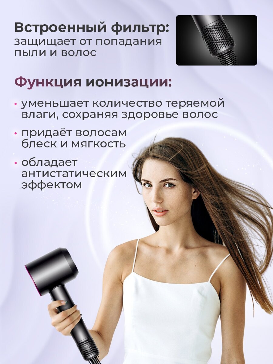 Профессиональный фен для волос iHair-1600 Super Hair Dryer 1600 Вт, 3 режима, 5 магнитных насадок, ионизация воздуха, розовый - фотография № 5