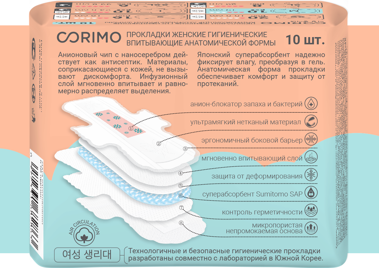 Прокладки гигиенические анатомической формы Corimo/Коримо 190мм 10шт р.M Foshan Jiabo Sanit.Prod.Techn. - фото №4