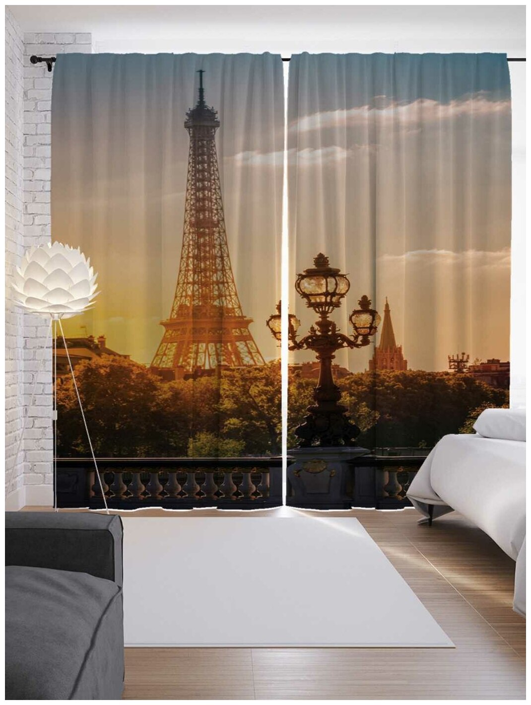 Шторы JoyArty с фотопечатью "Закат в Париже" из сатена, 290х265 см - фотография № 1