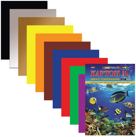 Картон цветной А4 2-сторонний мелованный, 10 листов 10 цветов, папка, HATBER, 195х280 мм, "Подводный мир", 10Кц4_04109, N138021