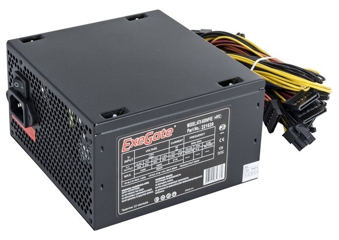 Блок питания 600W ExeGate 600NPXE (ATX, PPFC, SC, 12cm fan, 24pin, 2x(4+4)pin, 2xPCI-E, 5xSATA, 3xIDE, black, кабель 220V с защитой от выдергивания)