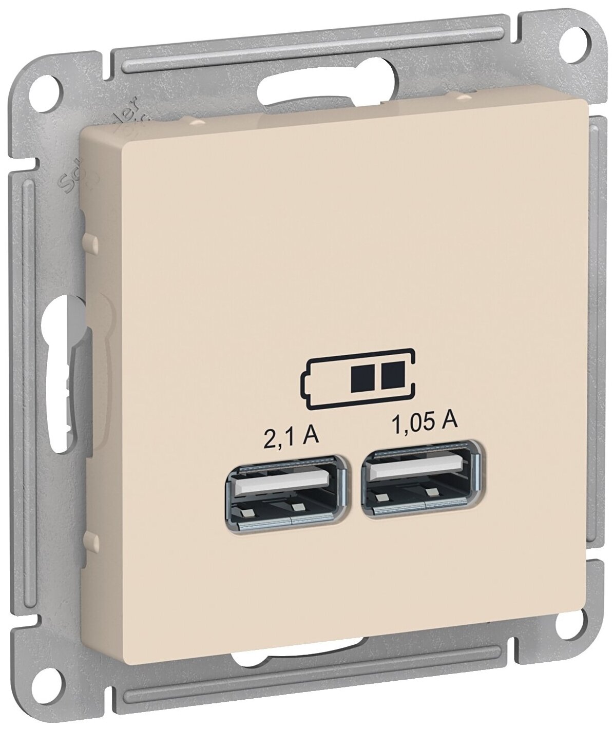 USB розетка Schneider Electric ATN000233 AtlasDesign, 5В, 1 порт x 2,1 А, 2 порт х 1,05 А, механизм, бежевый