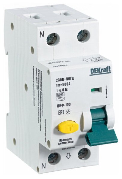 Дифференциальный автоматический выключатель DEKraft ДИФ-103 1P+N 20А 30мА 6кА класс AC